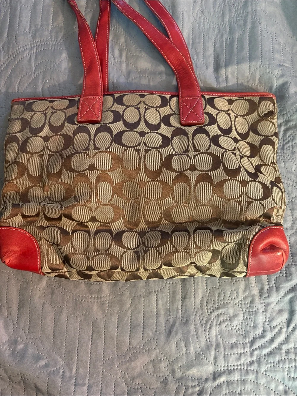 Coach Brown Signature Canvas Tote with Red Leather Trim